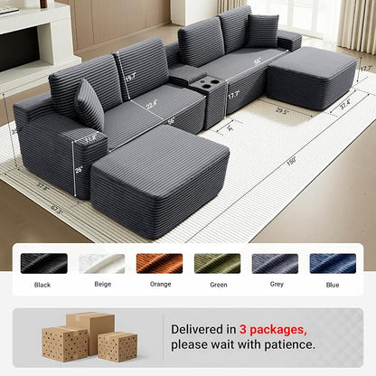 ivoros 150 Inch Modular Sectional Sofa Couch, Oversized Modern Cloud Couch for Living Room, U Shape Couches with 2 Ottomans, USB Ports and Cup Holders, Grey Corduroy Boneless Sofas, Sofa in a Box