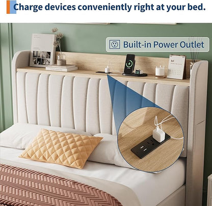GarveeHome Upholstered Bed Frame with Storage Headboard and Charging Station, Platform Bed Frame with Drawers, Heavy Duty, No Box Spring Needed, Easy Assembly, Beige, Full Size