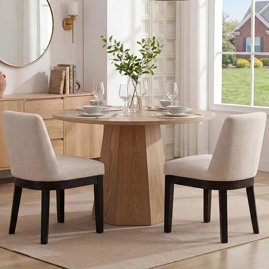 RIVOVA Upholstered Dining Chairs Set of 2, Modern Wooden Dining Room Chair Linen Fabric Kitchen Chairs Farmhouse Dinner Chair with Black Hardwood Frame, Beige