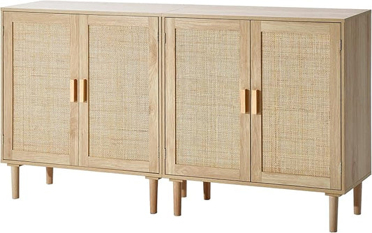 VEVOR Rattan Buffet Cabinet with Storage, 4 Magnetic Doors and Adjustable Shelves, Sideboard for Hallway, Living Room, Kitchen, Natural
