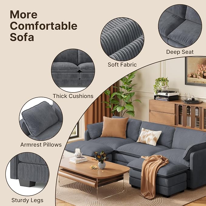 Gizoon 110'' U Shaped Corduroy Comfy Sectional Couches for Living Room 3 Seater Cloudy Sofa with 2 Movable Ottomans Pet Friendly Cloud Couch for for Living Room Bedroom and Apartment, Gray