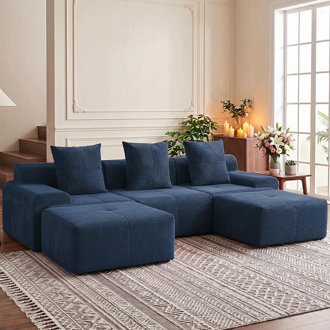 118" Sectional Boneless Oversize Modular Couches, Curved Cloud Sofa for Living Room, Corduroy U Shape Deep Seat Sofa with 2 Ottomans & 3 Throw Pillows,No Assembly Required,Navy Blue