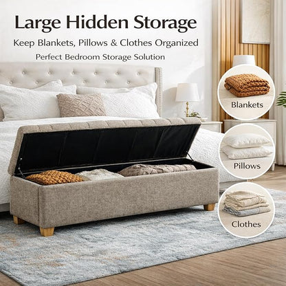 60.2" Storage Bench, End of Bed Storage Benches, Chenille Fabric Upholstered Ottoman Bench with Safety Hinge for Living Room Entryway Bedroom Hallway