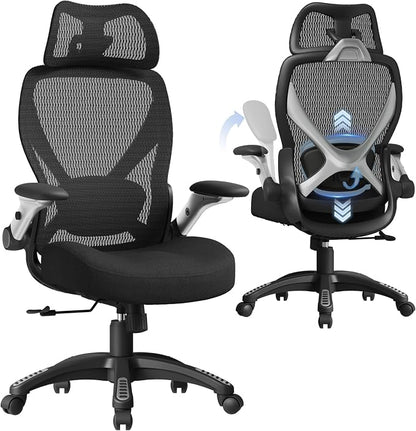 ELABEST X100 Ergonomic Mesh Office Chair, Big and Tall Hone Desk Chair with 5D Flip-Up Arms, Adjustable 3D Lumbar Support,Gaming & Executive Computer Chairs for Long Hours, Padded Seat