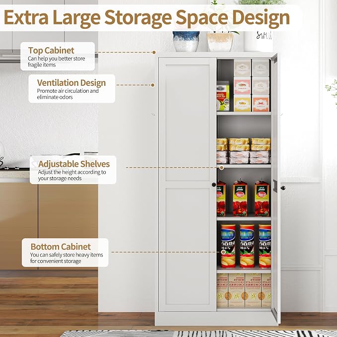 Kitchen Pantry Cabinet, 61" H Storage Cabinet with Doors and Adjustable Shelves, Spacious Cupboard with 2 Handles, Metal Kitchen Cabinet for Dining Room, Living Room, White