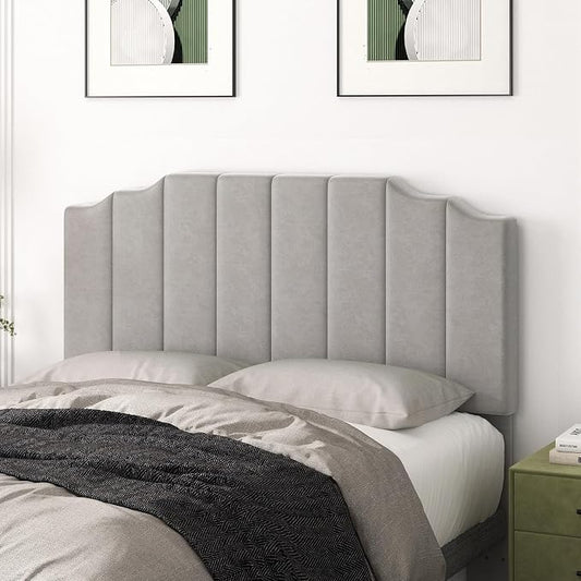 Befurtori Queen Size Headboard Only, Velvet Wall Mounted Headboard Queen Size for Adjustable Bed, Modern Vertical Channel Design with Curved Tufted Upholstered Head Board and Luxury Soft Padded, Gray