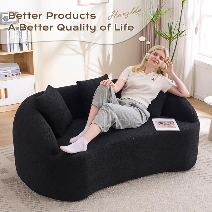 66" Curved Loveseat Sofa for Small Space, Boneless Chenille Boucle Cloud Couch, Luxury Extra High Back & Deep Seat, Oversized Comfort with No Assembly Required for Office, Dorm (Black)