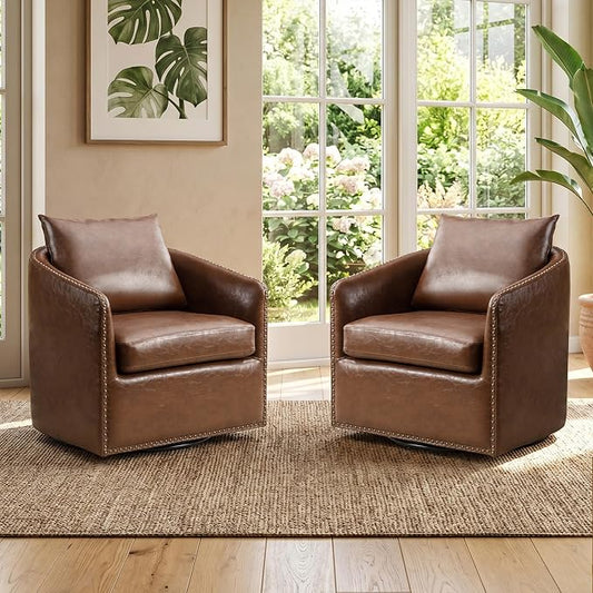 HAOMARKETS 360 Degree Swivel Accent Chair Set of Two with Plump Back Pillow, Waterproof Oil Waxed PU Leather Swivel Armchair with Rivets, Comfy Vintage Round Barrel Chair for Living Room