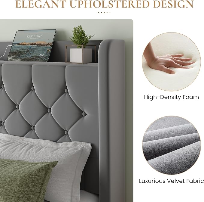 SHA CERLIN Queen Size Platform Bed Frame with Charging Station, Velvet Wingback Headboard with Storage Shelf, Wooden Slats Support, Ample Under-Bed Space, No Box Spring Needed, Easy Assembly, Grey