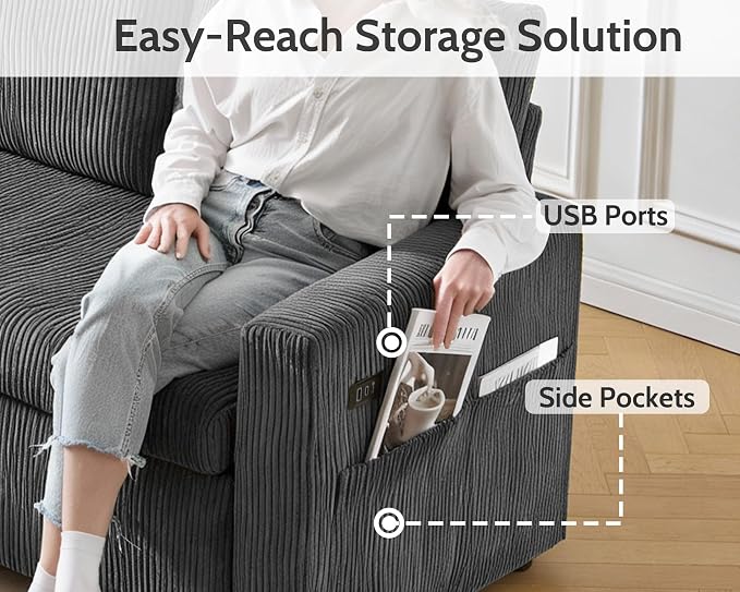 WEUP 82" L Shaped Sectional Sleeper Sofa Bed with Pull Out Bed, Sectional Sleeper Couch Pull Out Couch with Reclining Backrest/Reversible Storage Chaise/USB Ports/Tool-Free Assembly, Corduroy Grey