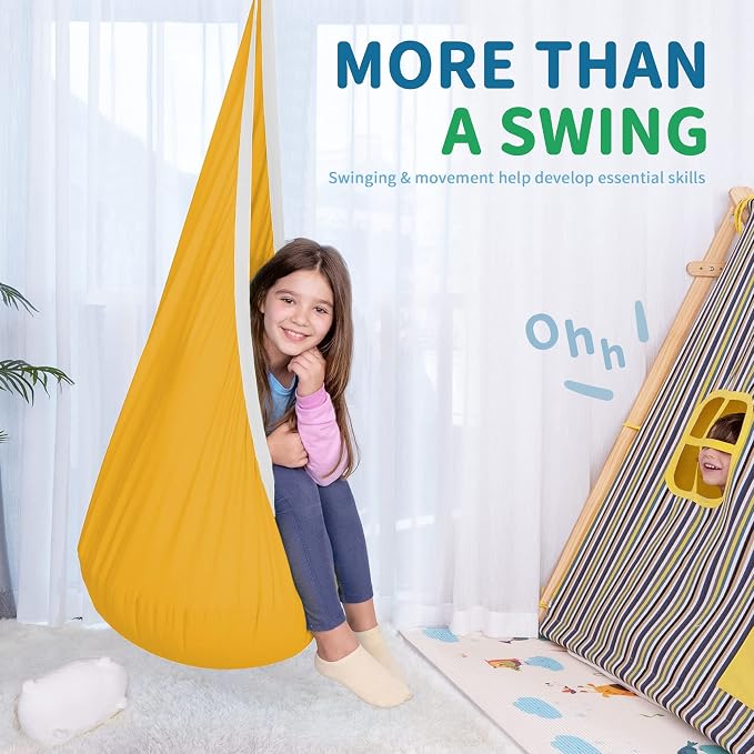 OUTREE Kids Pod Swing Seat, Cotton Child Hammock Swing Chair, Sensory Swing for Indoor and Outdoor Use, Yellow and White