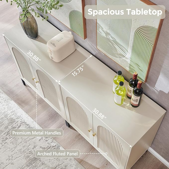 IFGET Modern Buffet Cabinet with Storage, 61.75" W Fluted Arched Sideboard Cabinet w/Adjustable Shelves, Wooden Modular Coffee Bar for Dining Room, Kitchen, Living Room, Entryway, Cream