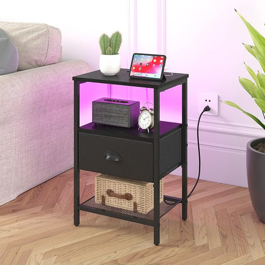 sthmec Nightstands Set of 2, LED Night Stands with Charging Station and Fabric Drawer, Bedside Tables with Drawers, 2- Tier LED Side Tables End Table Charging Station Bedroom, Black