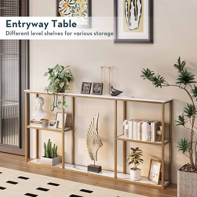 WOHOMO Gold Console Table, 3-Tier Small Entryway Table for Hallway, Narrow Sofa Table Behind Couch for Living Room, Entrance (63 inch)