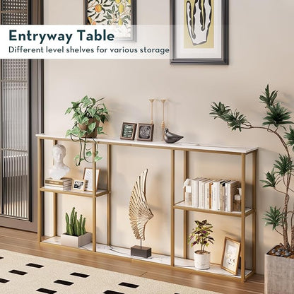 WOHOMO Gold Console Table, 3-Tier Small Entryway Table for Hallway, Narrow Sofa Table Behind Couch for Living Room, Entrance (63 inch)