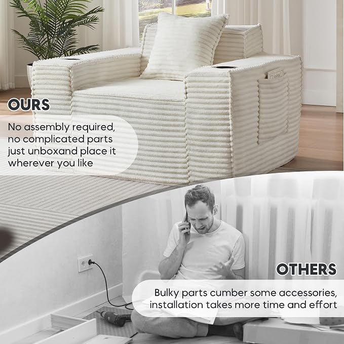 Boneless Sofa Couch with Cup Holders & Side Pockets, Modern Corduroy Fabric Deep Seat Single Cloud Couch for Reading Living Room Office, No Assembly (White)