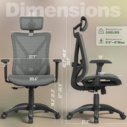 ELABEST T23 Ergonomic Mesh Office Chair, High Back Computer Desk Chair, Breathable AirMesh with Dual-Move Lumbar Support, 3D Armrests & Headrest, Tilt Lock, Big and Tall for Home Office((Eucalyptus)