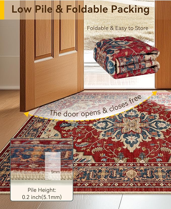 RELEANY Area Rugs Large 9'x12' Washable Non-Slip, Floral Vintage Distress Medallion Carpet for Living Room Bedroom Dining Room, Red Blue