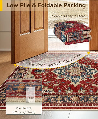 RELEANY Area Rugs 8'x10' Washable Non-Slip, Floral Vintage Distress Medallion Carpet for Living Room Bedroom Dining Room, Red Blue