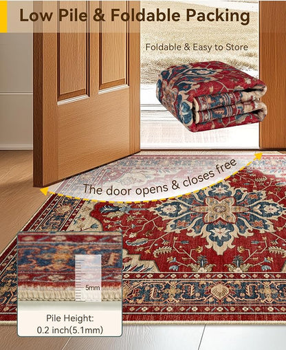 RELEANY Area Rugs 6'x8' Washable Non-Slip, Floral Vintage Distress Medallion Carpet for Living Room Bedroom Dining Room, Red Blue