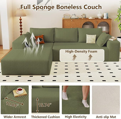 96" Modular Sectional Couch, Boneless L Shaped Cloud Sofa with Chaise Lounge, Corduroy Upholstered Couches Memory Foam Deep Seat, No Assembly Required, Ideal for Living Room(Green, Left Facing)