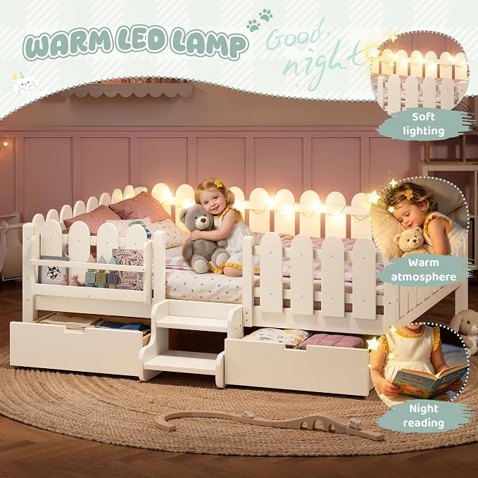 Bellemave Queen Kids Montessori Bed with Stairs, Bookshelf and LED Lights, Solid Wood Kids Bed Frame with Storage Drawers for Boys Girls, Low Profile,Beige