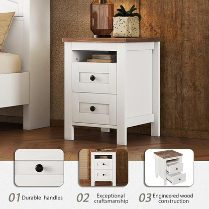 3 Pieces Bedroom Furniture Set Full Size Bed Frame with Storage Headboard and Charging Station, Farmhouse Platform Bed Frames with Nightstand and Dresser, for Bedroom, Living Room (White, Full)