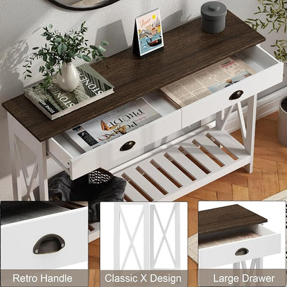 ChooChoo 47" Farmhouse Console Table with Drawer for Entryway, Narrow Long Entry Table with Shelf for Living Room, Rustic Vintage Hallway Sofa Table with Stable X Supports, White