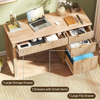 Vabches Fluted Executive Desk with Drawers, Wood Computer Desk with Ample File Drawer, Home Office Desk with Storage for Study, Bedroom, Living Room, Oak
