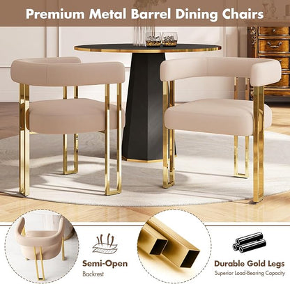 Hyfirm Velvet Dining Chairs Set of 4, Khaki Upholstered Barrel Armchairs with Gold Metal Legs for Kitchen Island, Mid Century Modern Accent Side Chairs for Dining Room and Living Room, Open-Back