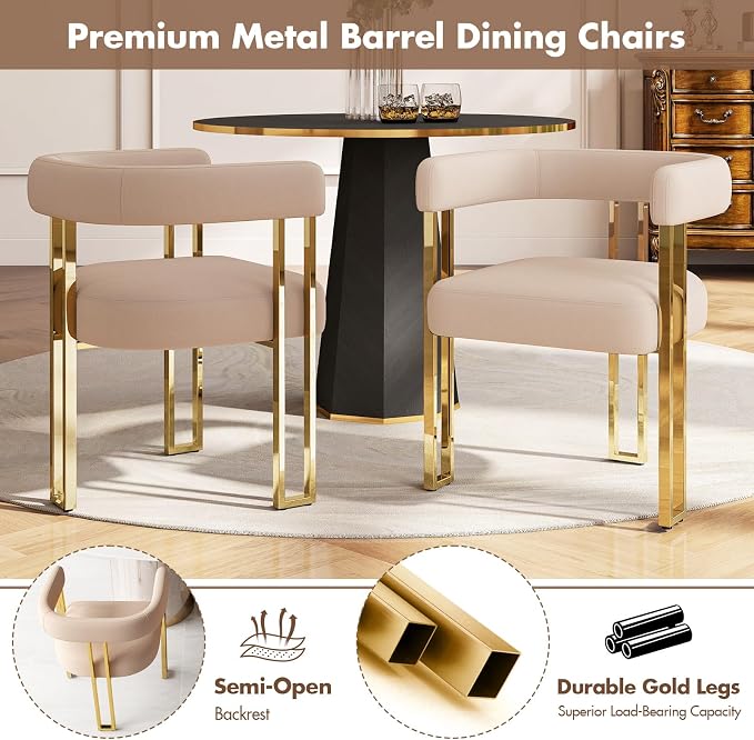 Hyfirm Velvet Dining Chairs Set of 6, Khaki Upholstered Barrel Armchairs with Gold Metal Legs for Kitchen Island, Mid Century Modern Accent Side Chairs for Dining Room and Living Room, Open-Back