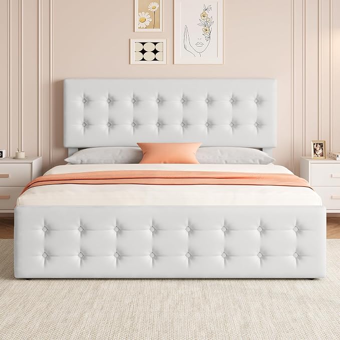 IDEALHOUSE King Size Bed Frame with 4 Storage Drawers and Headboard, Faux Leather Upholstered Platform Bed Frame with Wooden Slats Support, Button Tufted Design, No Box Spring Needed, White