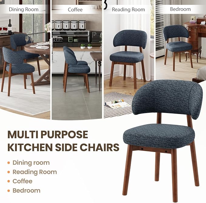 MALOL Wooden Dining Chairs Set of 2, Modern Upholstered Dining Room Chair, Fabric Kitchen Side Chairs with Curved Open Back for Living Room/Restaurant/Cafe, Dark Blue
