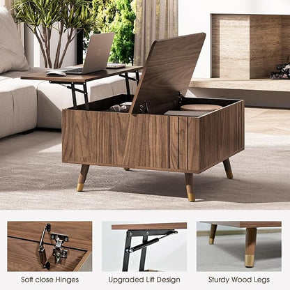 Square Coffee Table with Lift-Top & Flip-Top Storage, 36" Functional Modern Accent Center Table with Solid Wood Legs, Rustic Walnut Coffee Tables for Living Room Small Space or Office