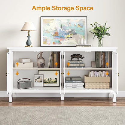 RoyalCraft 63'' Buffet Cabinet with Mirror Butterfly Carved Door, Sideboard Cabinet with Adjustable Shelves, Vintage Accent Credenza Media Console for Entryway, Kitchen, Satin White