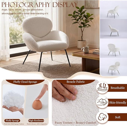 Small Accent Chair Set of 2,Sherpa Chair with Love Back, Boucle Chairs with Metal Legs, Comfy Modern Reading Chairs/Sherpa Accent Chair with Thick High-Elastic Sponge/Cream Style Room (White)