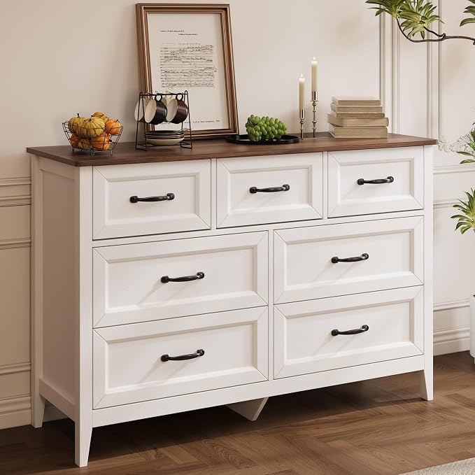 Gizoon 3 Piece Bedroom Furniture Set, 7 Modern Farmhouse DrawerDresser and 2 Nightstands with Charging Station