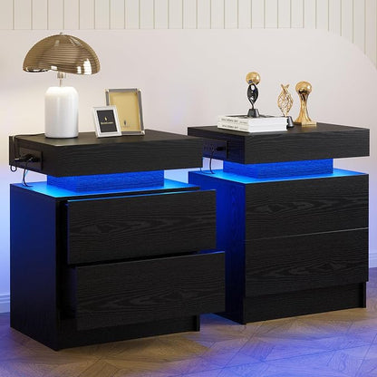 LIKIMIO Nightstand Set of 2 with Charging Station LED Light 2 Drawers Black | set of 2; bedside table; end table; charging station; LED light; 2 drawers; black wood grain; small space