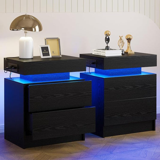 LIKIMIO Nightstand Set of 2 with Charging Station LED Light 2 Drawers Black | set of 2; bedside table; end table; charging station; LED light; 2 drawers; black wood grain; small space