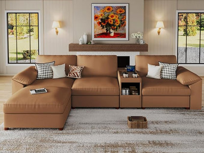 EASE MOOSE Leather Sectional Couch with Console, Oversized Modular Sectional Sofas, Wide Deep Seat Modular Couch, Scratch Resistant Faux Leather Material, L Shaped Sofa for Big Spaces,Brown