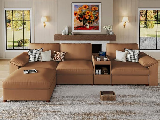 EASE MOOSE Leather Sectional Couch with Console, Oversized Modular Sectional Sofas, Wide Deep Seat Modular Couch, Scratch Resistant Faux Leather Material, L Shaped Sofa for Big Spaces,Brown