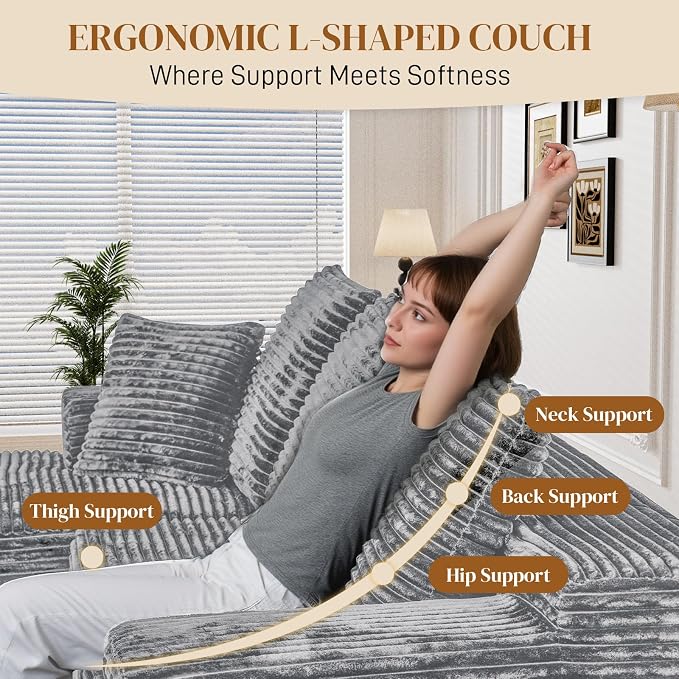 108" L Shaped Boneless Sectional Couches for Living Room, Comfy Corduroy Floor Cloud Sofa with Chaise, Wide Armrest, Deep Seat, Memory Foam, Assembly Free, Ideal for Small Spaces, Grey