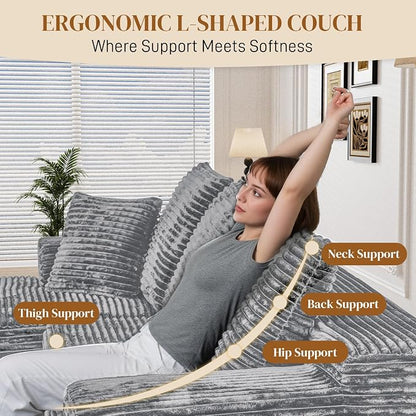 108" L Shaped Boneless Sectional Couches for Living Room, Comfy Corduroy Floor Cloud Sofa with Chaise, Wide Armrest, Deep Seat, Memory Foam, Assembly Free, Ideal for Small Spaces, Grey