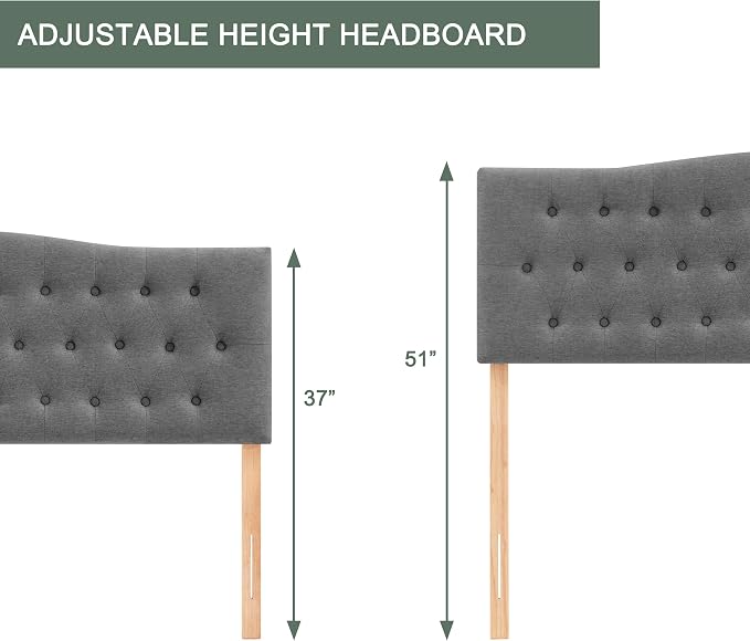 Tufted Headboard California King Size, Sturdy Solid Wood Head Board, Gray | Upholstered California King Headboard with Solid Wood Legs, Adjustable Height 37-51 in, Fabric Button Diamond HeadBoards