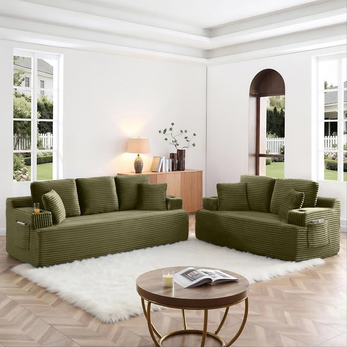Boneless Sofa Couch Set with Cup Holders & Side Pockets, Modern Corduroy Fabric Upholstered 3-seat Couch & Loveseat Set with 4 Throw Pillows for Living Room, Office, No Assembly (Green)