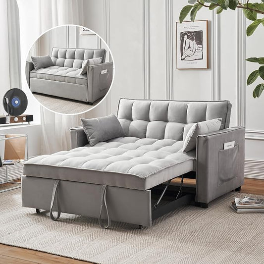 Velvet Pull Out Couch Bed & Sleeper Sofa, 3-in-1 Convertible Sofa Bed with Adjustable Backrest, Storage Pockets, Armrests & Pillows for Small Spaces (Gray)