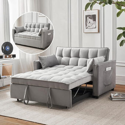 3-in-1 Loveseat Sleeper Sofa, Modern 55.5" Pull Out Couch, Velvet Upholstered Futon Sofa Bed with Adjustable Backrest, Convertible Sofa Bed with Storage Pockets for Living Room(Light Grey)