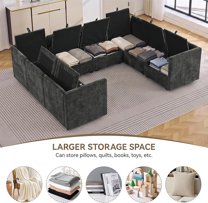 105" Dark Grey Oversized Modular Storage Sofa, U Shaped Chenille Couch | Oversized Convertible Sectional Sofa, 8-Seat Sectional Couch With Armrests, Large Cloud Couch For Living Room, Apartment.