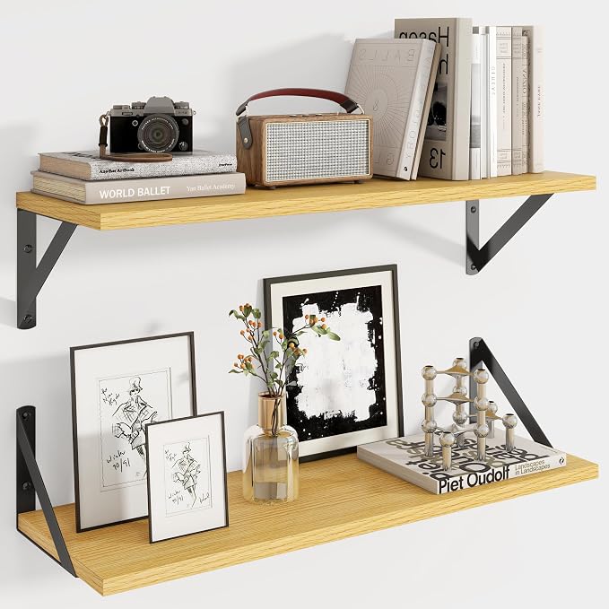 Axeman 24'' x 8'' Floating Shelves Set of 2, Rustic Oak Wall Shelves with Brackets, Engineered Wood, Includes Mounting Hardware, 35Lbs, Ideal for Books, Plants, Kitchen Utensils and Decorations
