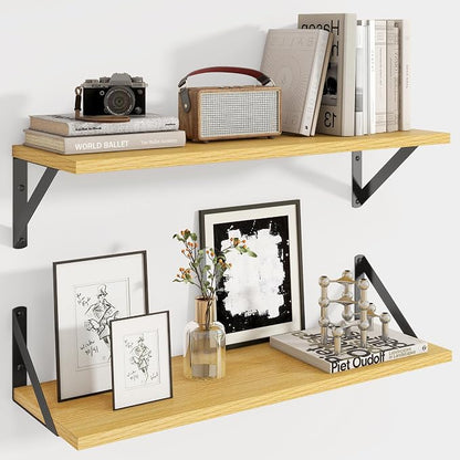 Axeman 24'' x 8'' Floating Shelves Set of 2, Rustic Oak Wall Shelves with Brackets, Engineered Wood, Includes Mounting Hardware, 35Lbs, Ideal for Books, Plants, Kitchen Utensils and Decorations